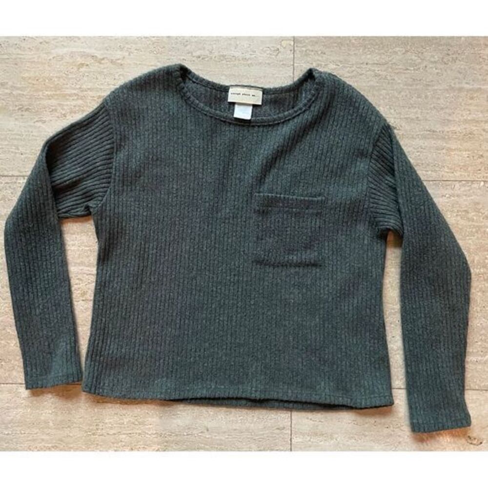 Enough‎ about me Ribbed Green gray Cropped Sweater Chest Pocket Long Sleeve Top